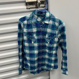 Express Turquoise and Blue Plaid Long Sleeves Button Up Shirt Gauze Metallic XS